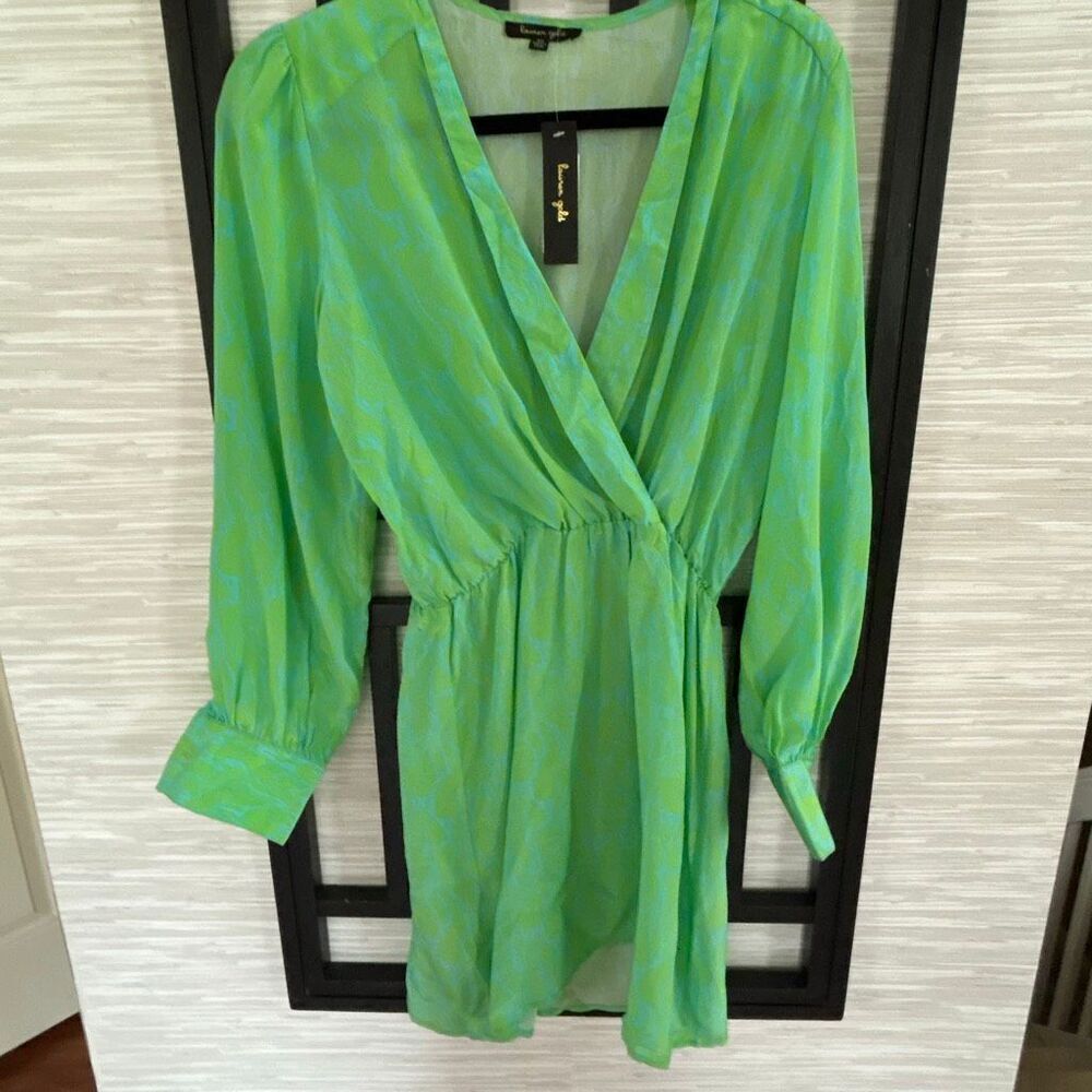 NWT Lauren Gold green print long sleeve 100% silk blousey dress Palm beach style